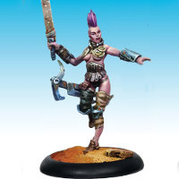 Human female warrior with sword and gun in 1/50 scale - Wasteland Warrior #4 for the Outcasts for the Dark Age wargame from CoolMiniOrNot - Miniature figure review
