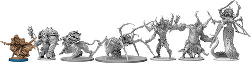 Size comparison of the 3D rendered miniatures from the Massive Darkness base set. From left to right: Whisper, Ogre Mage, Hellhound, Giant Spider, Abyssal Demon, High Troll, Liliarch.
