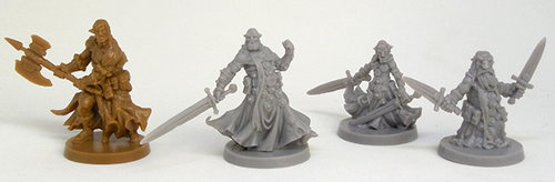 Size comparison of the miniatures from the Massive Darkness base set. From left to right: Bjorn, Orc Agent, Goblin Agent, Dwarf Agent.