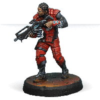 Futuristic warrior in 1/50 scale - Corregidor Alguacil with Combi-rifle #1 for the Nomads for the Infinity wargame from Corvus Belli, 2014 - Miniature figure review