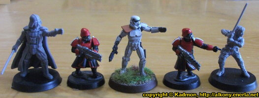 Size comparison of Star Wars: Legion Core Set miniatures from Fantasy Flight Games with 1:56 (28mm / 32mm) scale miniature figures. From left to right: Darth Vader for Star Wars: Legion, Shock Trooper from Wargames Factory, Stormtrooper #5 for Star Wars: Legion, Shock Trooper from Wargames Factory, Luke Skywalker for Star Wars: Legion.