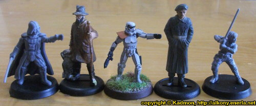 Size comparison of Star Wars: Legion Core Set miniatures from Fantasy Flight Games with 1:56 (28mm / 32mm) scale miniature figures. From left to right: Darth Vader for Star Wars: Legion, 40mm high shepherd, Stormtrooper #5 for Star Wars: Legion, 54mm high soldier, Luke Skywalker for Star Wars: Legion.