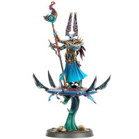 Humanoid alien magic-user on flying disc in 1/56 scale (Gaunt Summoner on Disc of Tzeentch for Warhammer: Age of Sigmar) from Games Workshop - Miniature figure review