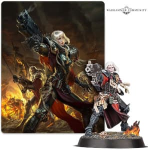 Futuristic female warrior in 1/56 scale - Sister Tariana Palos for Warhammer 40,000 Ed8 from Games Workshop, 2020 - Miniature figure review