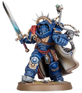 Futuristic warrior in full armour in 1/64 scale - Primaris Space Marine Captain #6 in Mk10 Gravis armour build #1.1, with power sword and boltstorm gauntlet for Warhammer 40.000 Ed9 from Games Workshop, 2022 - Miniature figure review