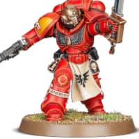 Futuristic warrior in full armour in 1/64 scale - Primaris Space Marine Lieutenant Tolmeron build #1.1 in Mk10 Tacticus armour, with power sword & bolt pistol of the Blood Angels for Warhammer 40,000 Ed8 from Games Workshop, 2017 - Miniature figure review