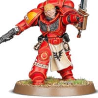 Futuristic warrior in full armour in 1/64 scale - Primaris Space Marine Lieutenant Tolmeron build #1.2 in Mk10 Tacticus armour, with power sword & bolt pistol of the Blood Angels for Warhammer 40,000 Ed8 from Games Workshop, 2017 - Miniature figure review