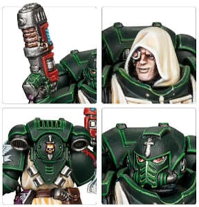 Futuristic warrior in full armour in 1/64 scale - Primaris Space Marine Lieutenant Zakariah build #1 in Mk10 Tacticus armour, with power sword and plasma pistol of the Dark Angels Chapter for Warhammer 40,000 Ed8 from Games Workshop, 2017 - Miniature figu