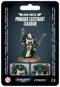 Futuristic warrior in full armour in 1/64 scale - Primaris Space Marine Lieutenant Zakariah build #1 in Mk10 Tacticus armour, with power sword and plasma pistol of the Dark Angels Chapter for Warhammer 40,000 Ed8 from Games Workshop, 2017 - Miniature figu