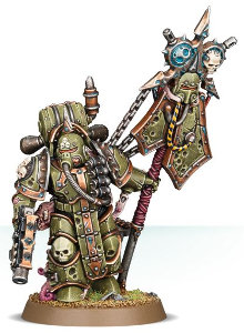 Futuristic armoured humanoid in 1/56 scale (Plague Marine Icon Bearer of the Chaos Death Guard for Warhammer 40,000 Ed8) from Games Workshop, 2017 - Miniature figure review