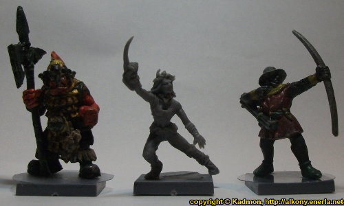 Size comparison of Long Rock Lifers Striker #2 with 1:56 (28mm / 32mm) miniatures: From left to right: Orc with Spear #2 from Renegade Miniatures, Long Rock Lifers Striker #2 from Mantic Games, Bretonnian Bowman #1 from Games Workshop.