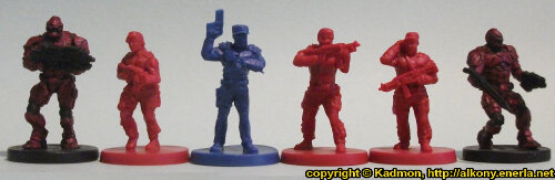 Size comparison of the Star Saga: The Eiras Contract Core Set Plague Victim miniature figures from Mantic Games with 1:56 (28mm / 32mm) Enforcers from Mantic Games. From left to right: Enforcer, Security Guard #3, Guard Commander Graves, Security Guard #2, Security Guard #1, Enforcer.