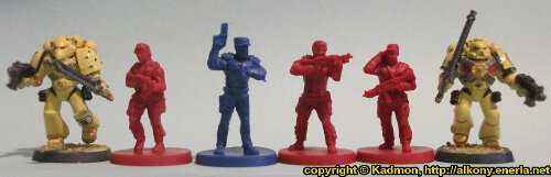 Size comparison of the Star Saga: The Eiras Contract Core Set Plague Victim miniature figures from Mantic Games with with 1:64 (28mm/32mm) scale Space Marines from Games Workshop. From left to right: Space Marine, Security Guard #3, Guard Commander Graves, Security Guard #2, Security Guard #1, Space Marine.