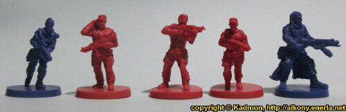 Size comparison of the Star Saga: The Eiras Contract Core Set security guards from Mantic Games. From left to right:Captain Erika Dulinsky, Security Guard #1, Security Guard #2, Security Guard #3, Francesco 'The Devil' Silvaggio.