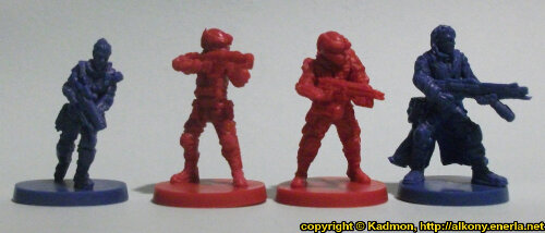 Size comparison of the Star Saga: The Eiras Contract Core Set GCPS Rangers from Mantic Games. From left to right:Captain Erika Dulinsky, GCPS Ranger #1, GCPS Ranger with Flamer #1, Francesco 'The Devil' Silvaggio.