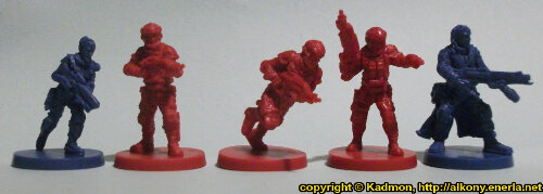 Size comparison of the Star Saga: The Eiras Contract Core Set GCPS Marines from Mantic Games. From left to right:Captain Erika Dulinsky, GCPS Marine #1, GCPS Marine #2, GCPS Marine #3, Francesco 'The Devil' Silvaggio.