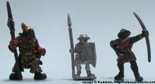 Spearman from Menhir Games - 1:64 (28mm) comparison with Renegade Miniatures orc #2 (left) and Games Workshop Bretonnian Bowman #1 (right).