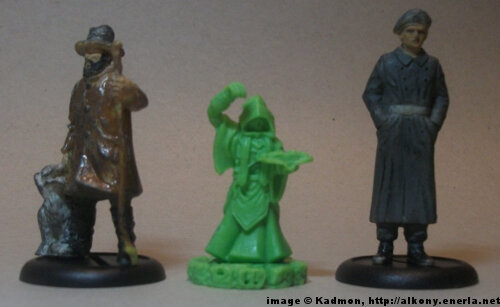Comparison: 1:56 scale Acolyte Cultist for Cthulhu Wars from Petersen Games, 1:35 (54mm) scale 40mm high shepherd and 54mm high soldier.