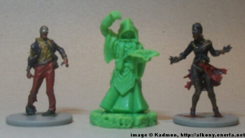 Comparison: 1:56 scale Acolyte Cultist for Cthulhu Wars from Petersen Games, 1:50 (35/38mm) scale 35mm high Male Walker #2 and Female Walker #2 for Zombicide from CoolMiniOrNot (donated by CoolMiniOrNot).