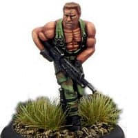 Modern soldier with automatic rifle, resembling Arnold Schwarzenegger, as Alan "Dutch" Shaefer - Dogs of War #3 from Rogue Miniatures