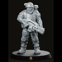 Futuristic soldier in modern armour with assault rifle - Captain Ark in Helmet for Aliens vs Humans by Papsikels Miniatures from We Print Miniatures, 2021 - Miniature figure review