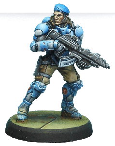 Futuristic warrior in 1/50 scale - Fusilier with Combi-rifle #2 for PanOceania for the Infinity wargame from Corvus Belli, 2014 - Miniature figure review