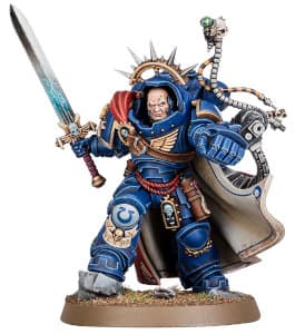 Futuristic warrior in full armour in 1/64 scale - Primaris Space Marine Captain #6 in Mk10 Gravis armour build #1.3, with power sword and boltstorm gauntlet for Warhammer 40.000 Ed9 from Games Workshop, 2022 - Miniature figure review