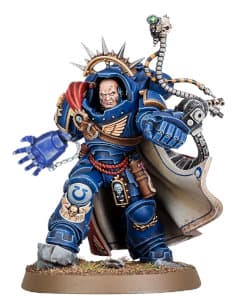 Futuristic warrior in full armour in 1/64 scale - Primaris Space Marine Captain #6 in Mk10 Gravis armour build #3.3, with powerfist and boltstorm gauntlet for Warhammer 40.000 Ed9 from Games Workshop, 2022 - Miniature figure review