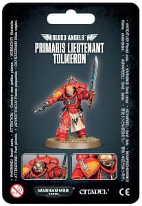 Futuristic warrior in full armour in 1/64 scale - Primaris Space Marine Lieutenant Tolmeron in Mk10 Tacticus armour, with power sword & bolt pistol of the Blood Angels for Warhammer 40,000 Ed8 from Games Workshop, 2017 - Miniature figure review