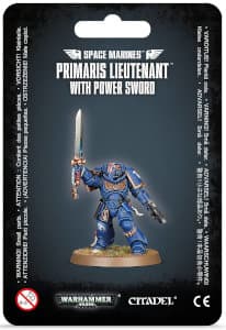 Futuristic warrior in full armour in 1/64 scale - Primaris Space Marine Lieutenant #3 in Mk10 Tacticus armour, with power sword and bolt pistol for Warhammer 40,000 Ed8 from Games Workshop, 2018 - Miniature figure review