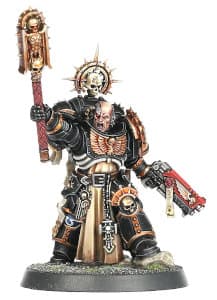 Futuristic warrior in full armour in 1/64 scale - Primaris Space Marine Chaplain #2 in Mk10 Tacticus armour, with crozius arcanum from Indomitus set for Warhammer 40,000 Ed9 from Games Workshop, 2020 - Miniature figure review