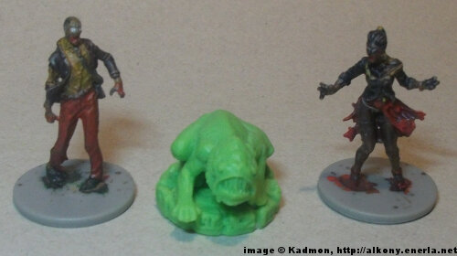 Cthulhu Wars Deep One from Petersen Games - 1:50 (35/38mm) comparison with 35mm high Zombicide Male Walker #2 and Female Walker #2.