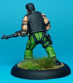 Modern soldier with automatic rifle, resembling Arnold Schwarzenegger, as John Matrix - Green Beret from Rogue Miniatures