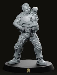 Futuristic soldier in modern armour with assault rifle - Billy Joe Crowford (Hudson) for Aliens vs Humans by Papsikels Miniatures from We Print Miniatures, 2021 - Miniature figure review