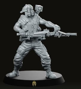 Futuristic soldier in modern armour with machine gun - Jake Roberts shooting (Drake) for Aliens vs Humans by Papsikels Miniatures from We Print Miniatures, 2021 - Miniature figure review