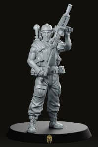 Futuristic soldier in modern armour with machine gun - Jake Roberts standing (Drake) for Aliens vs Humans by Papsikels Miniatures from We Print Miniatures, 2021 - Miniature figure review