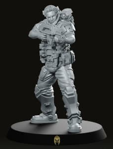 Futuristic soldier in modern armour with assault rifle - Oji Alkasid shooting (Hicks) for Aliens vs Humans by Papsikels Miniatures from We Print Miniatures, 2021 - Miniature figure review