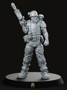 Futuristic soldier in modern armour with assault rifle - Oji Alkasid standing (Hudson) for Aliens vs Humans by Papsikels Miniatures from We Print Miniatures, 2021 - Miniature figure review